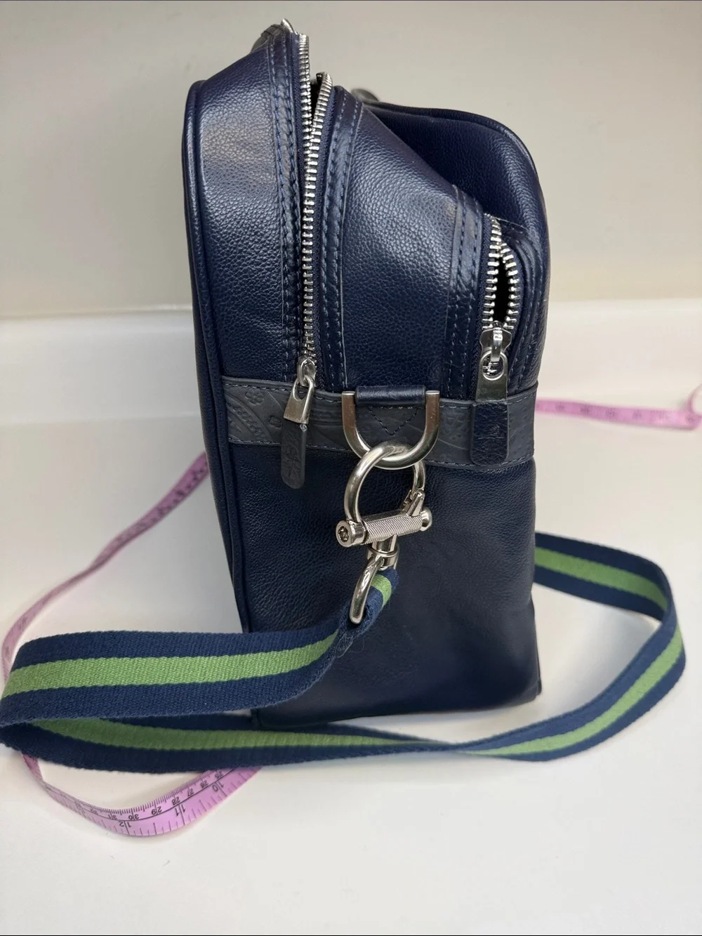 Robert Graham Navy Leather Laptop Bag with Blue and Green Strap
